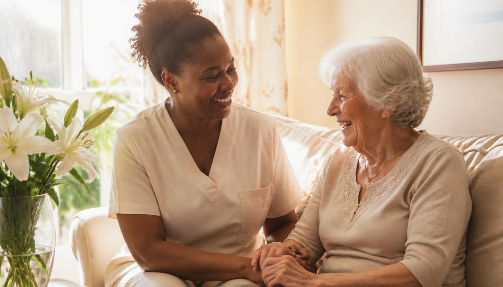 Caregiver holding hands and laughing with a senior client at home
